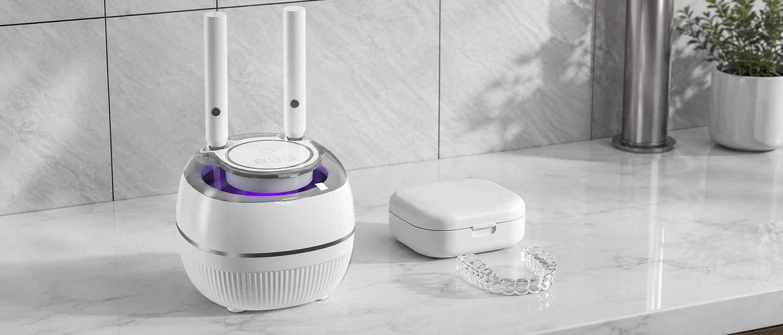 Ultrasonic cleaner for dental retainers and aligners in a modern bathroom