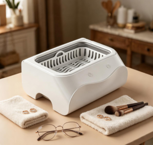 White portable ultrasonic cleaner for retainers, jewelry, eyeglasses and small personal items