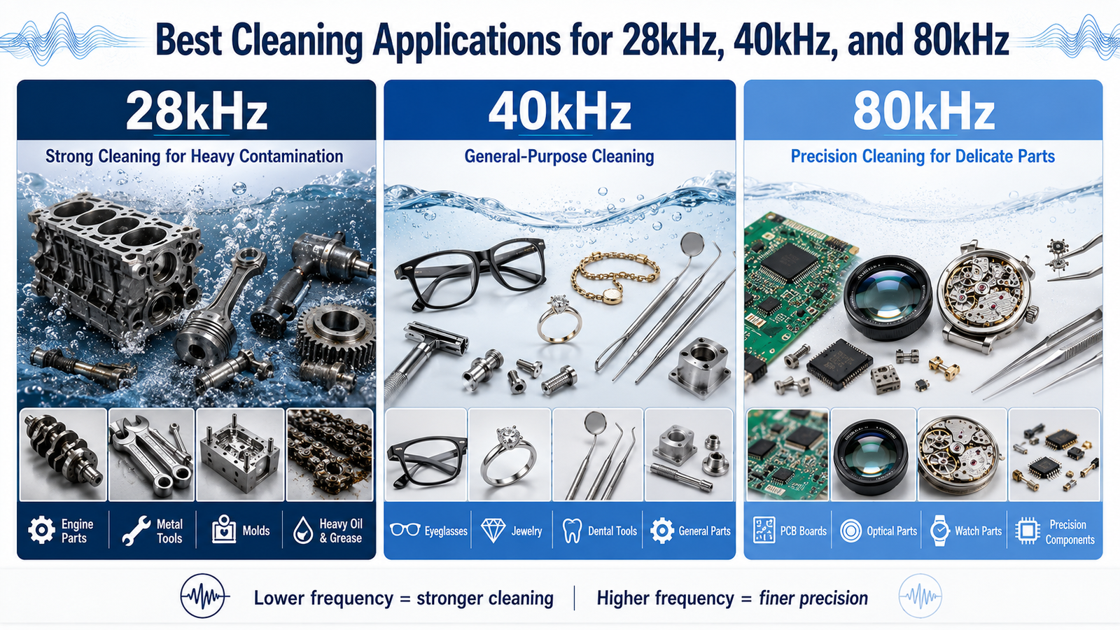 28kHz 40kHz and 80kHz ultrasonic cleaning applications