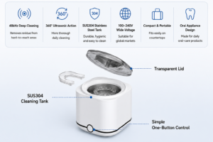 48kHz ultrasonic retainer cleaner features with SUS304 tank, transparent lid and one-button control