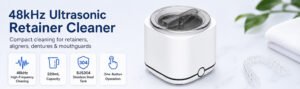 48kHz ultrasonic retainer cleaner with 220mL tank and one-button operation