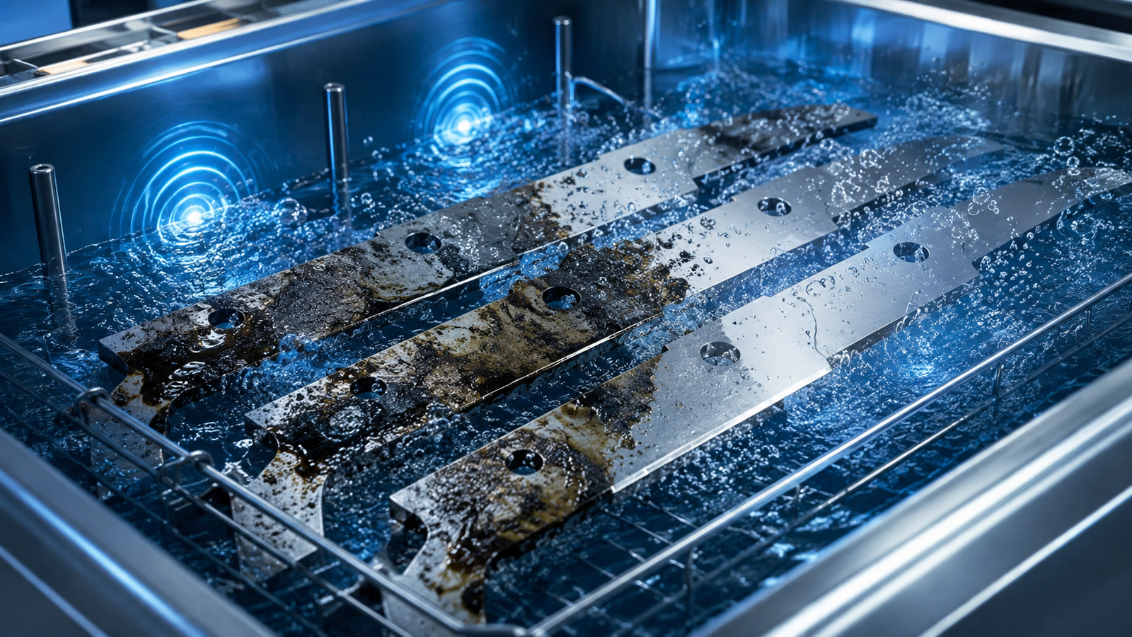 Industrial ultrasonic cleaner washing metal blades in water with cavitation bubbles for oil, grease, and dirt removal.