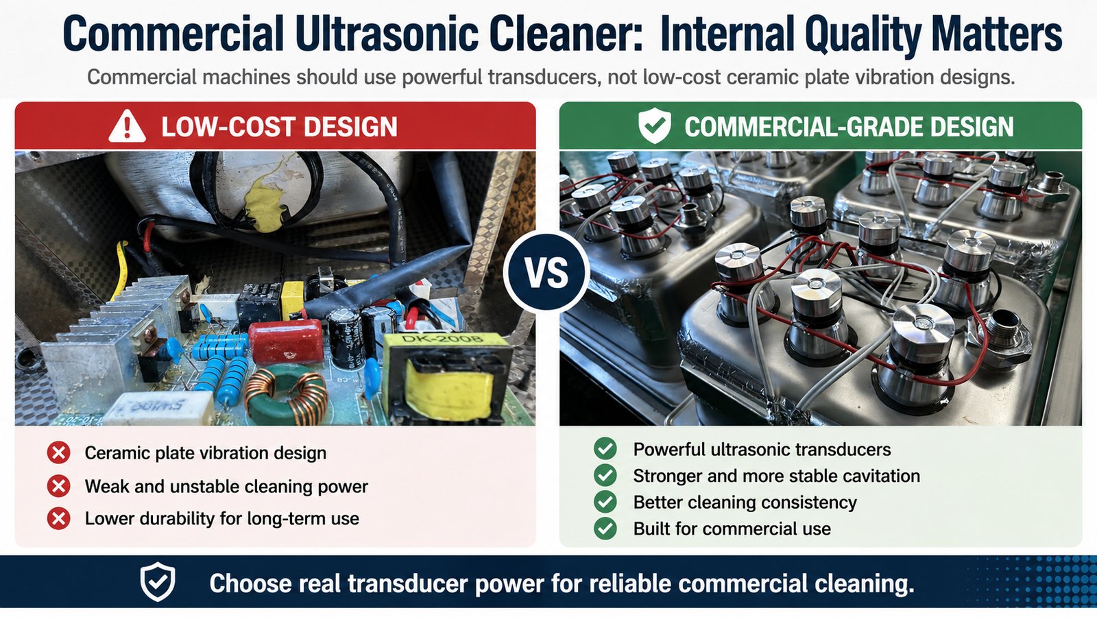 Commercial ultrasonic cleaner internal structure comparison with powerful ultrasonic transducers and low-cost vibration design