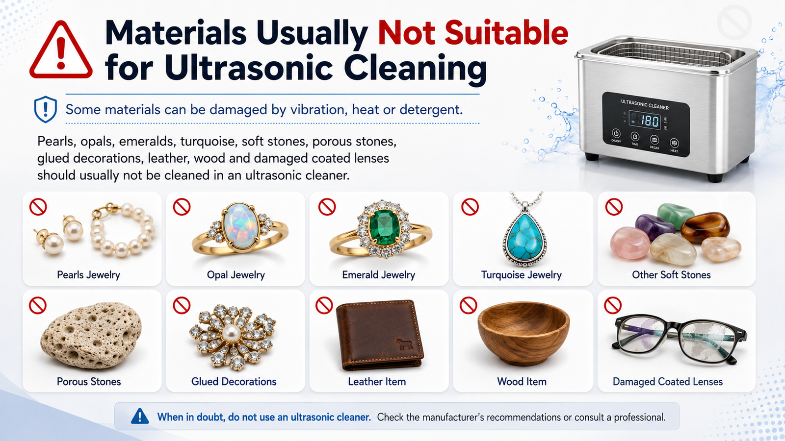 Infographic showing materials not suitable for ultrasonic cleaning, including pearls, opals, emeralds, turquoise, porous stones, glued decorations, leather, wood, and damaged coated lenses.