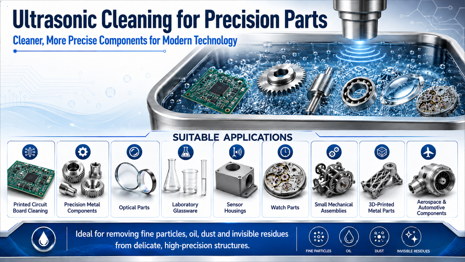 Ultrasonic cleaning for precision parts, printed circuit boards, optical parts, laboratory glassware, sensor housings, watch parts, 3D-printed metal parts, and aerospace components.