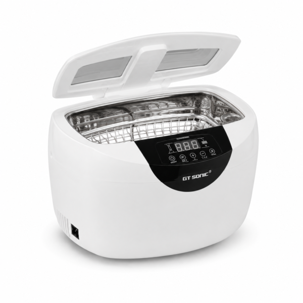 2.5L heated ultrasonic cleaner with open lid and cleaning basket