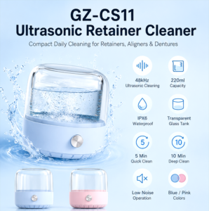 GZ-CS11 ultrasonic retainer cleaner with 48kHz cleaning and 220ml transparent tank