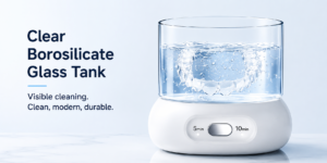 Portable ultrasonic retainer cleaner with clear borosilicate glass tank