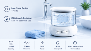 Portable ultrasonic retainer cleaner with low-noise design and IPX6 splash resistance
