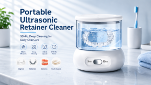 Portable ultrasonic retainer cleaner with 50kHz cleaning for aligners dentures and mouth guards