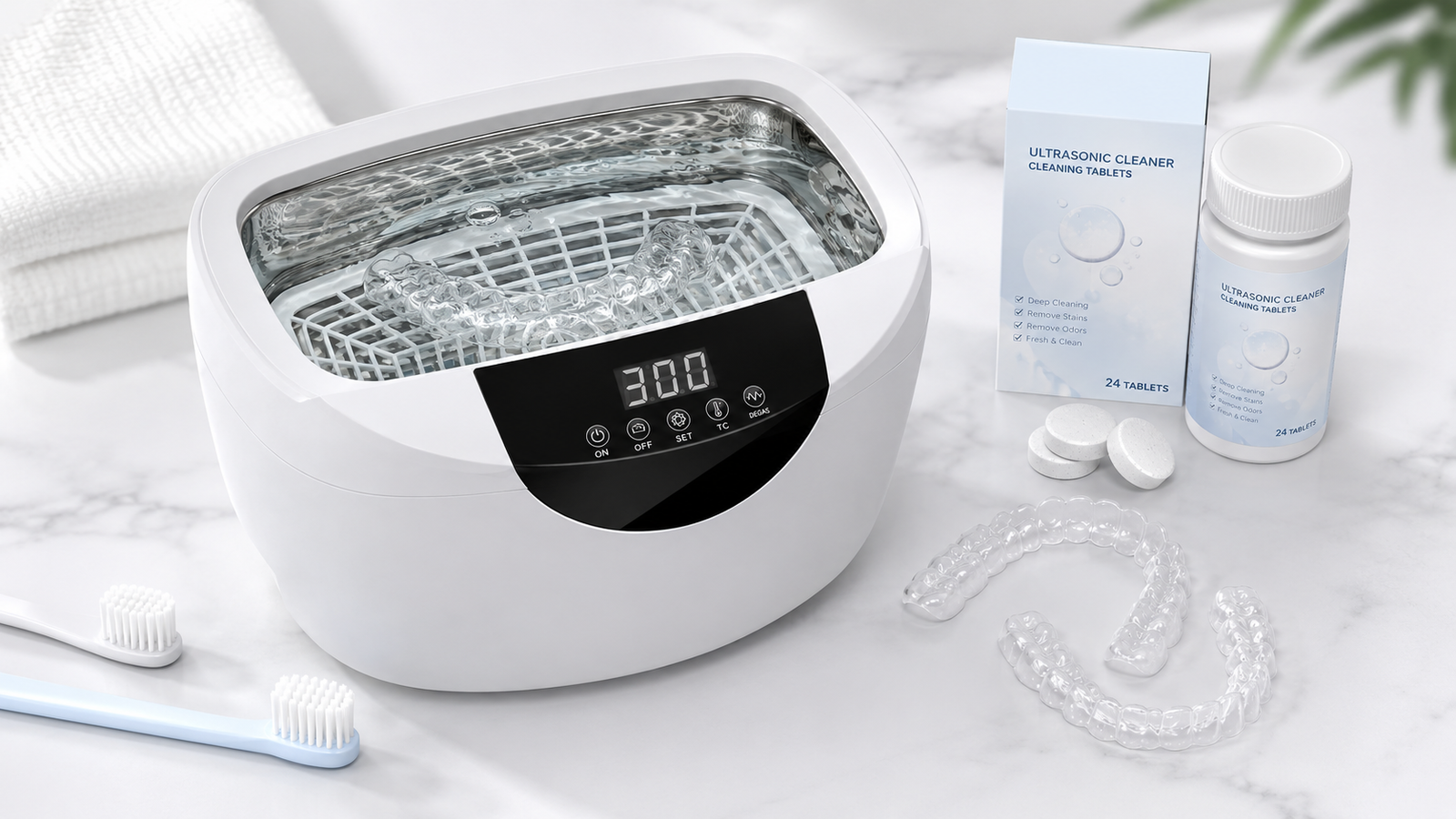 Heated ultrasonic cleaner washing a clear 3D-printed aligner with cleaning tablets and toothbrushes