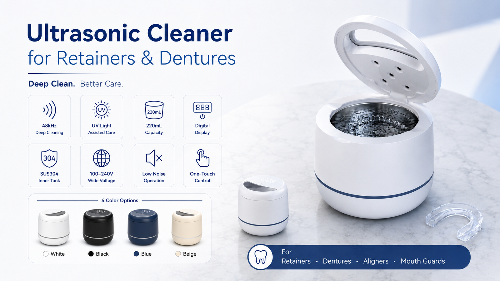 48kHz ultrasonic retainer cleaner with UV light and digital display