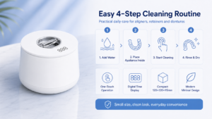 Overview of the M9C3205 oral appliance cleaner featuring 48kHz deep cleaning, UV light-assisted care, a digital time display, 220mL capacity, SUS304 stainless steel tank and 100–240V wide voltage.