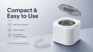 Compact one-touch ultrasonic retainer cleaner with 220mL tank