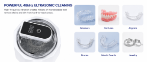 48kHz ultrasonic cleaner for retainers, dentures, aligners, braces, mouth guards and jewelry