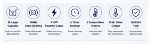 M9E101 ultrasonic cleaner features including powerful cleaning, compact design and easy operation