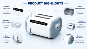 M9E101 ultrasonic cleaner product highlights with compact design, powerful cleaning and easy operation
