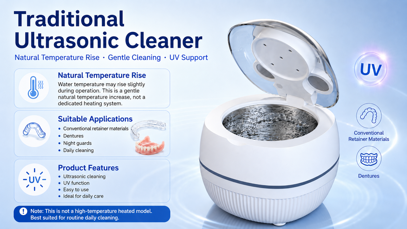 Traditional ultrasonic cleaner with UV support for retainers, dentures, and daily dental appliance cleaning