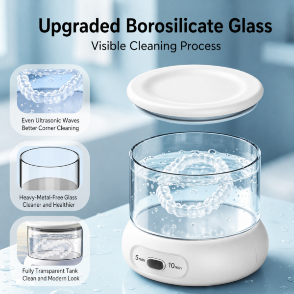 Portable ultrasonic retainer cleaner with upgraded borosilicate glass tank