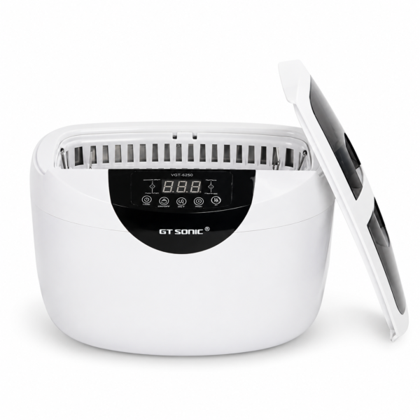VGT-6250 2.5L heated ultrasonic cleaner with open lid and removable basket