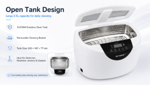 VGT-6250 ultrasonic cleaner with open lid and 2.5L stainless steel tank