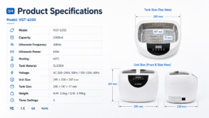 VGT-6250 ultrasonic cleaner specifications and product dimensions