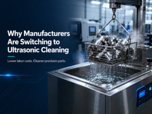 Ultrasonic cleaning for manufacturing with precision metal parts in an industrial cleaning system
