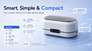 compact 350mL ultrasonic cleaner with 5 and 7 minute presets