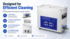 PL-S30 ultrasonic cleaner with drain valve basket lid and ventilation design