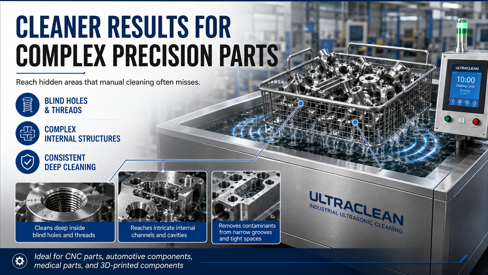 Ultrasonic cleaning for complex precision parts with blind holes and threads