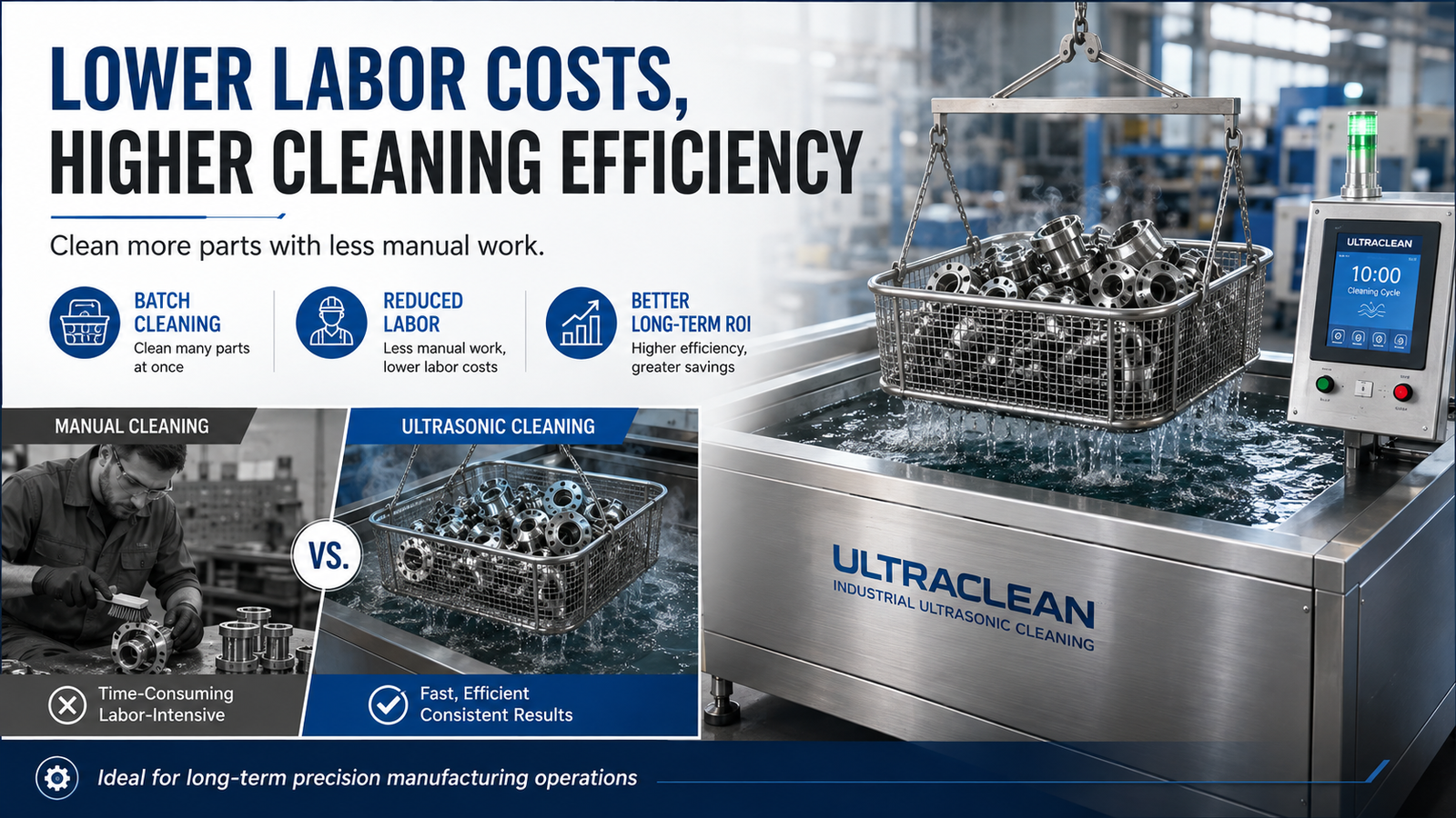 Ultrasonic cleaning for complex precision parts with blind holes and threads