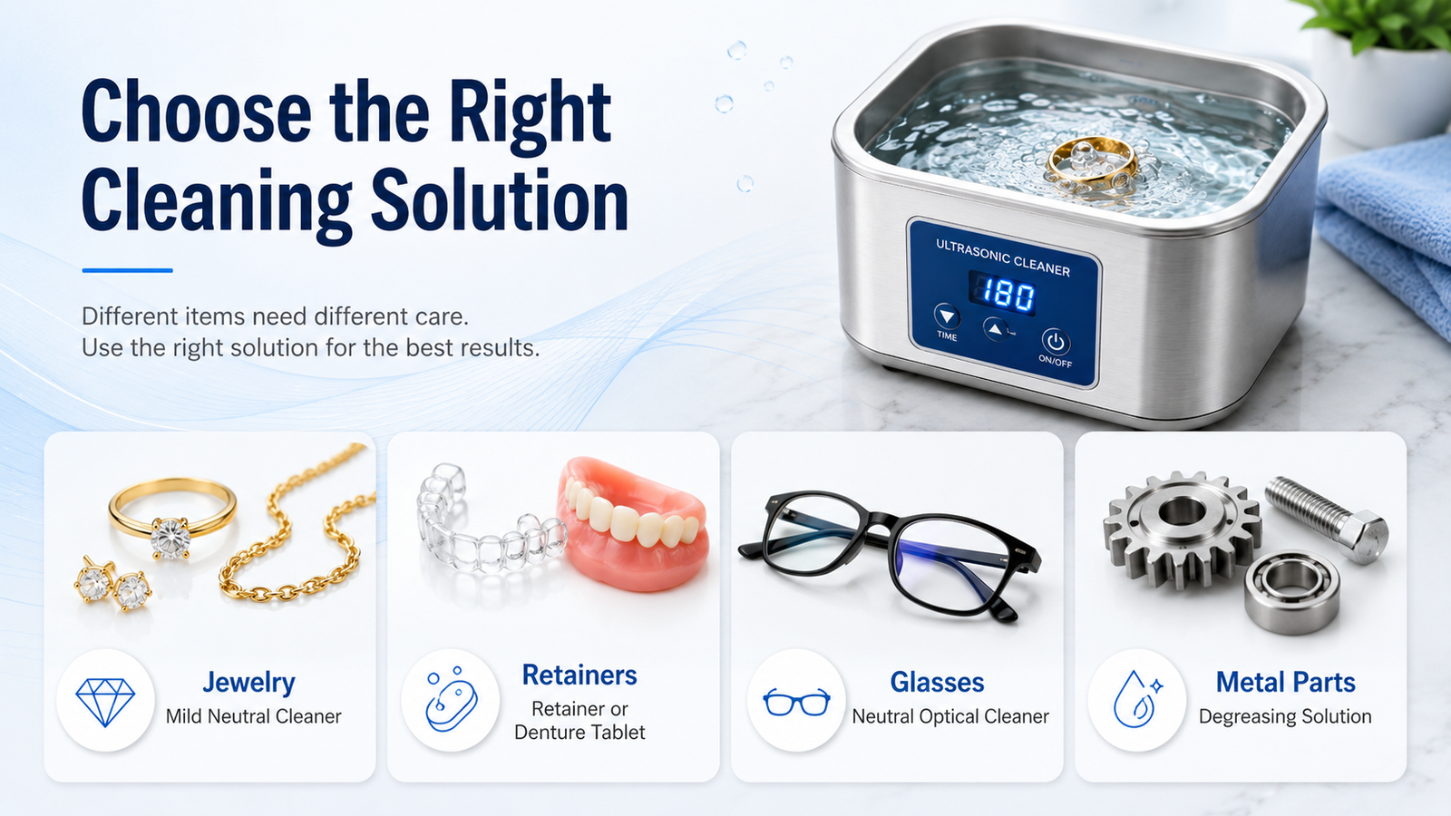 choose the right ultrasonic cleaning solution for jewelry retainers glasses and metal parts