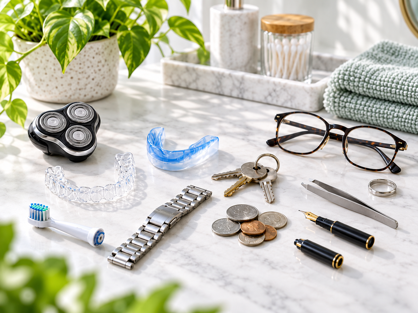 Home ultrasonic cleaner uses for retainers, razor heads, watch bands, keys and coins