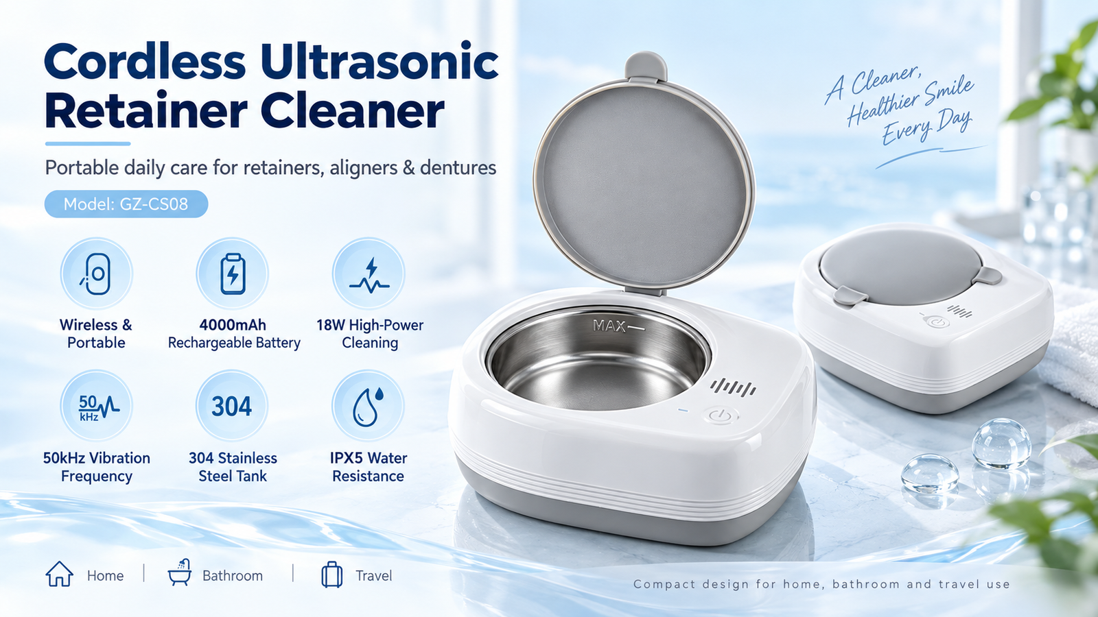 SONICLEANTECH cordless 50kHz ultrasonic retainer cleaner for aligners and dentures