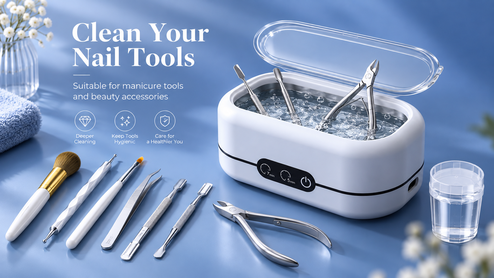 Home ultrasonic cleaner for manicure tools and nail care accessories