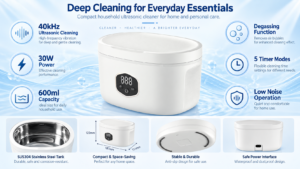 600ml household ultrasonic cleaner with 40kHz cleaning degas function and 5 timer modes