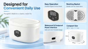 Compact ultrasonic cleaner with digital controls washing basket and safe power interface