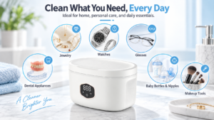 Household ultrasonic cleaner for jewelry watches glasses dental appliances and makeup tools