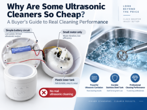 Cheap ultrasonic cleaner with small motor and plastic tank compared with real ultrasonic cleaning