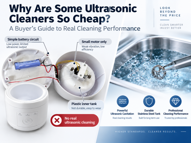 Cheap ultrasonic cleaner with small motor and plastic tank compared with real ultrasonic cleaning