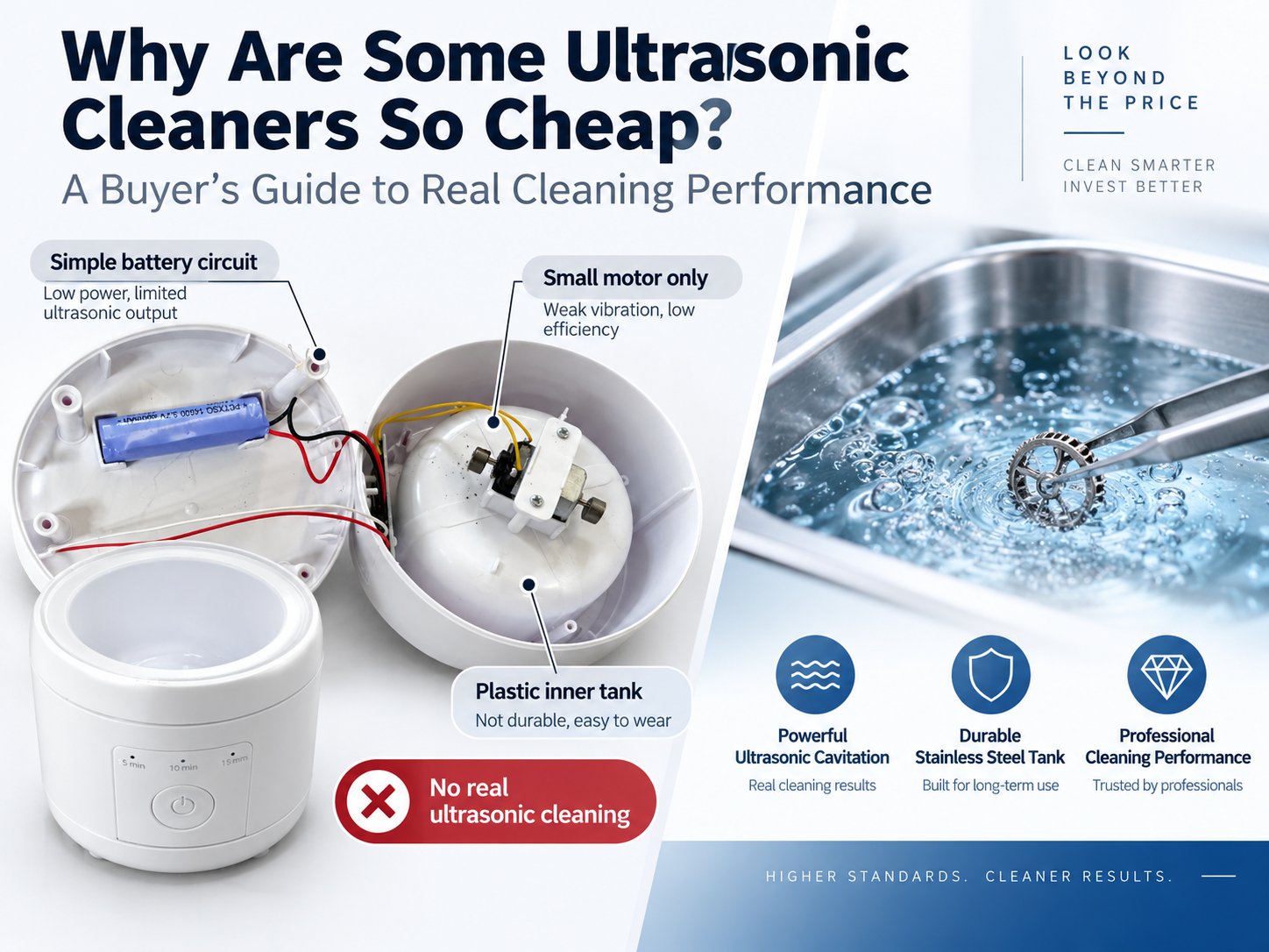 Cheap ultrasonic cleaner with small motor and plastic tank compared with real ultrasonic cleaning
