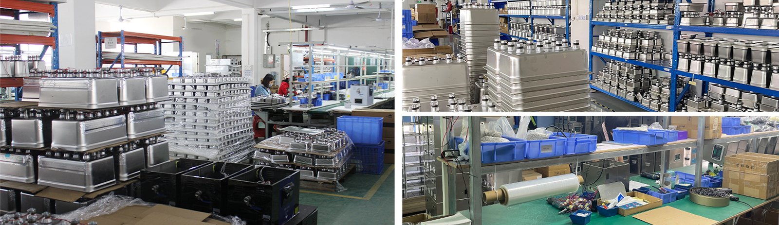 Stainless steel ultrasonic cleaner tanks, components and organized parts storage at Soniclean factory